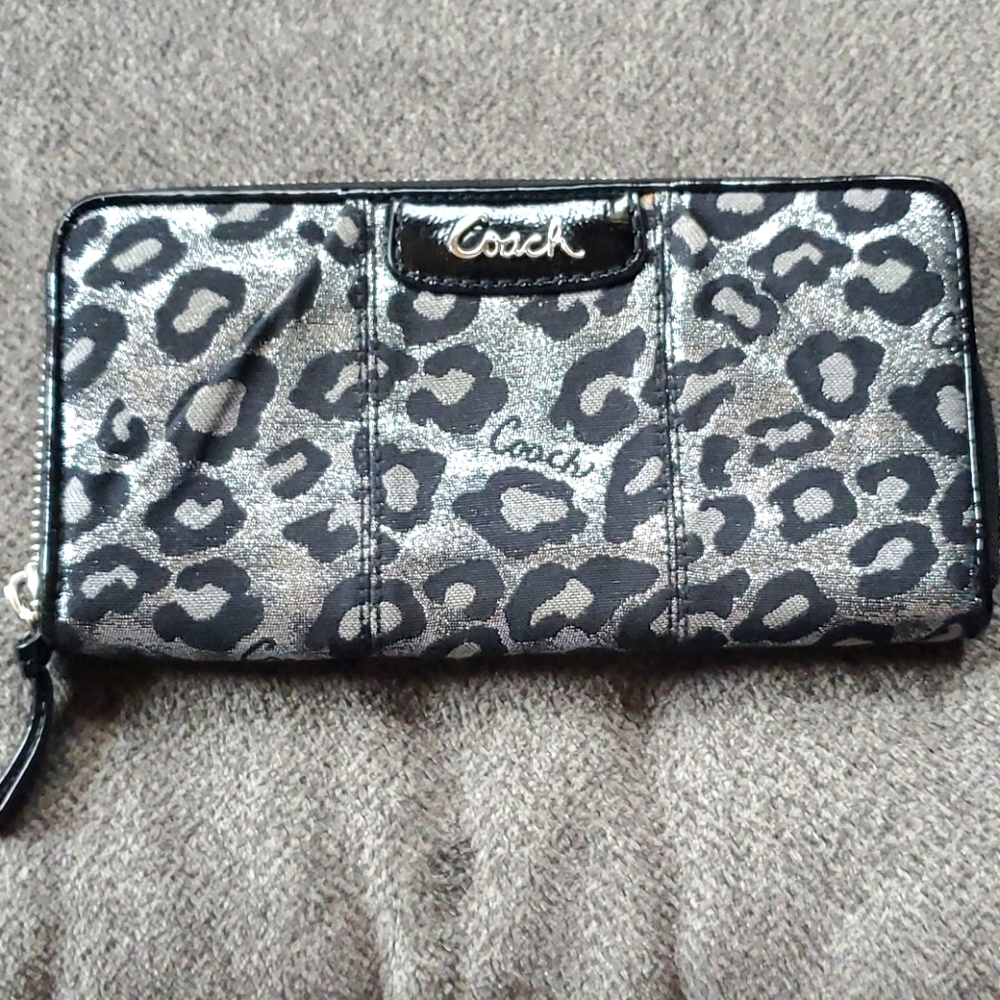 Coach leopard print black silver wallet